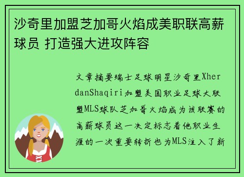 沙奇里加盟芝加哥火焰成美职联高薪球员 打造强大进攻阵容